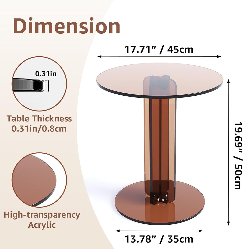 Round Acrylic Side Table, Modern Accent End Table, Minimalist Bedside Night Stand, Small Coffee Tables for Living Room Office Bedroom Indoor Home Decor, Brown
