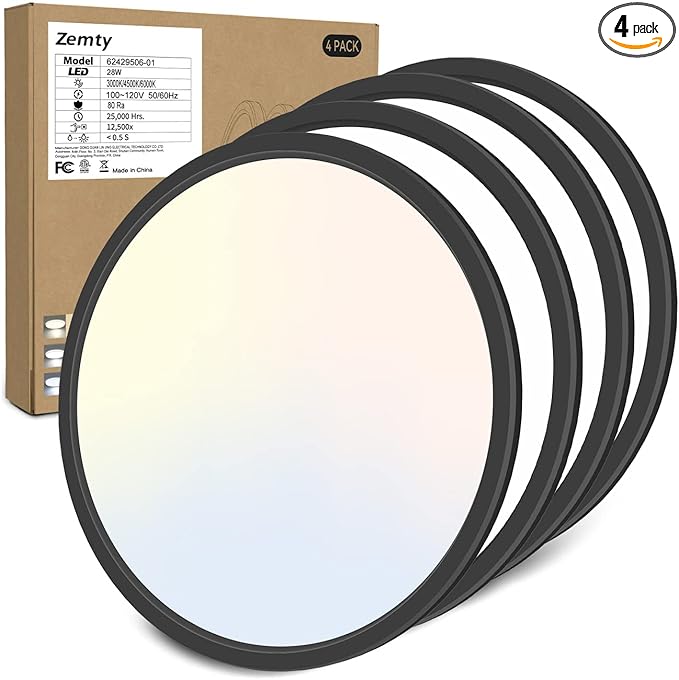 zemty 4Pack 12 Inch LED Ceiling Light Flush Mount, 28W 3200lm Super Slim Flush Mount Ceiling Light Fixtures, 3000K/4500K/6000K Selectable Ceiling Lamp for Bedroom Bathroom Kitchen Living Room (Black)