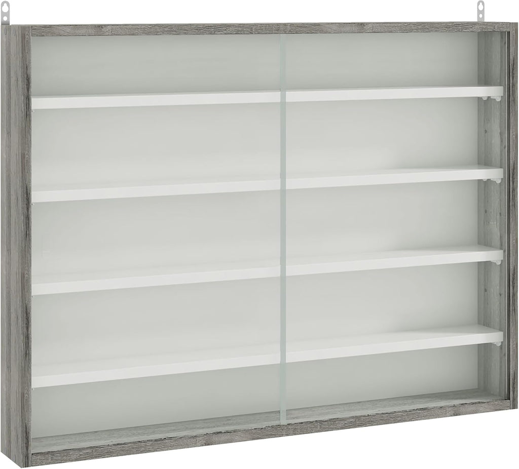 HOMCOM 5-Storey Wall Shelf Display Cabinet, Shot Glass Display Case, Glass Curio Cabinet with 2 Glass Doors and 4 Adjustable Shelves, Grey and White