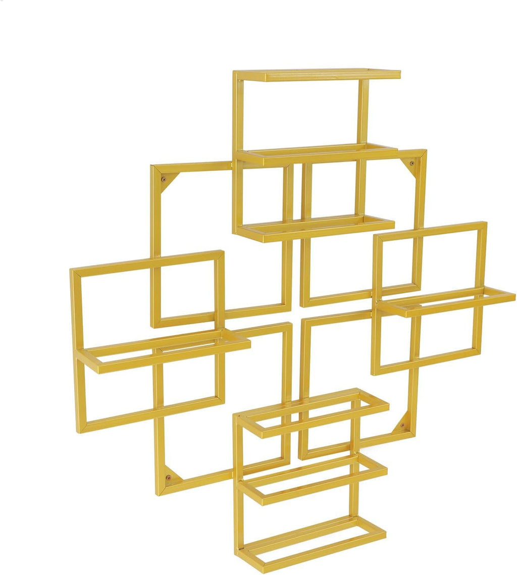 Modern Wall Mounted Wine Rack, Geometric Gold Steel Wine Storage Shelf with 8 Bottles Capacity, Home Decoration for Home Bars, Living Room, Kitchens, Restaurants