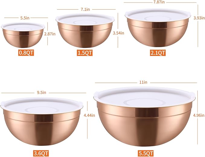 Rose Gold Mixing Bowls With Airtight Lids,Stainless Steel Bowl,Salad Bowls 5 Piece Colorful Nesting Bowl Rose Gold Kitchen Accessories,Size 5.5,3.6,2.7,2.1,1.5QT Stackable Design