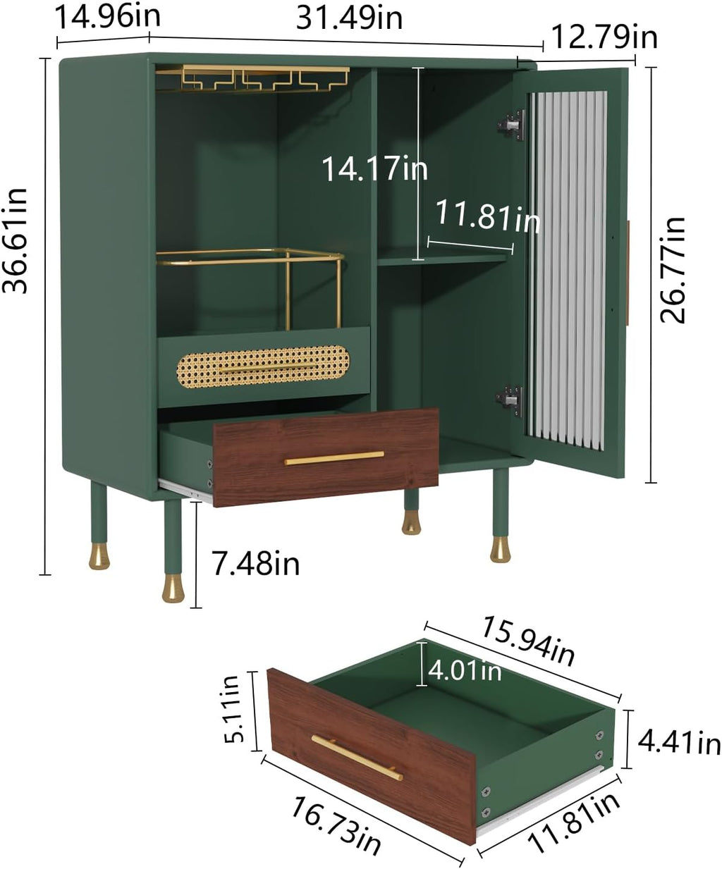 ARTPOWER Modern Coffee Bar Cabinet with Pull-Out Wine Storage, Green | Bar Cart with Wine Glass Rack and Drawers, Liquor Cabinet for Kitchen, Dining Room, Living Room