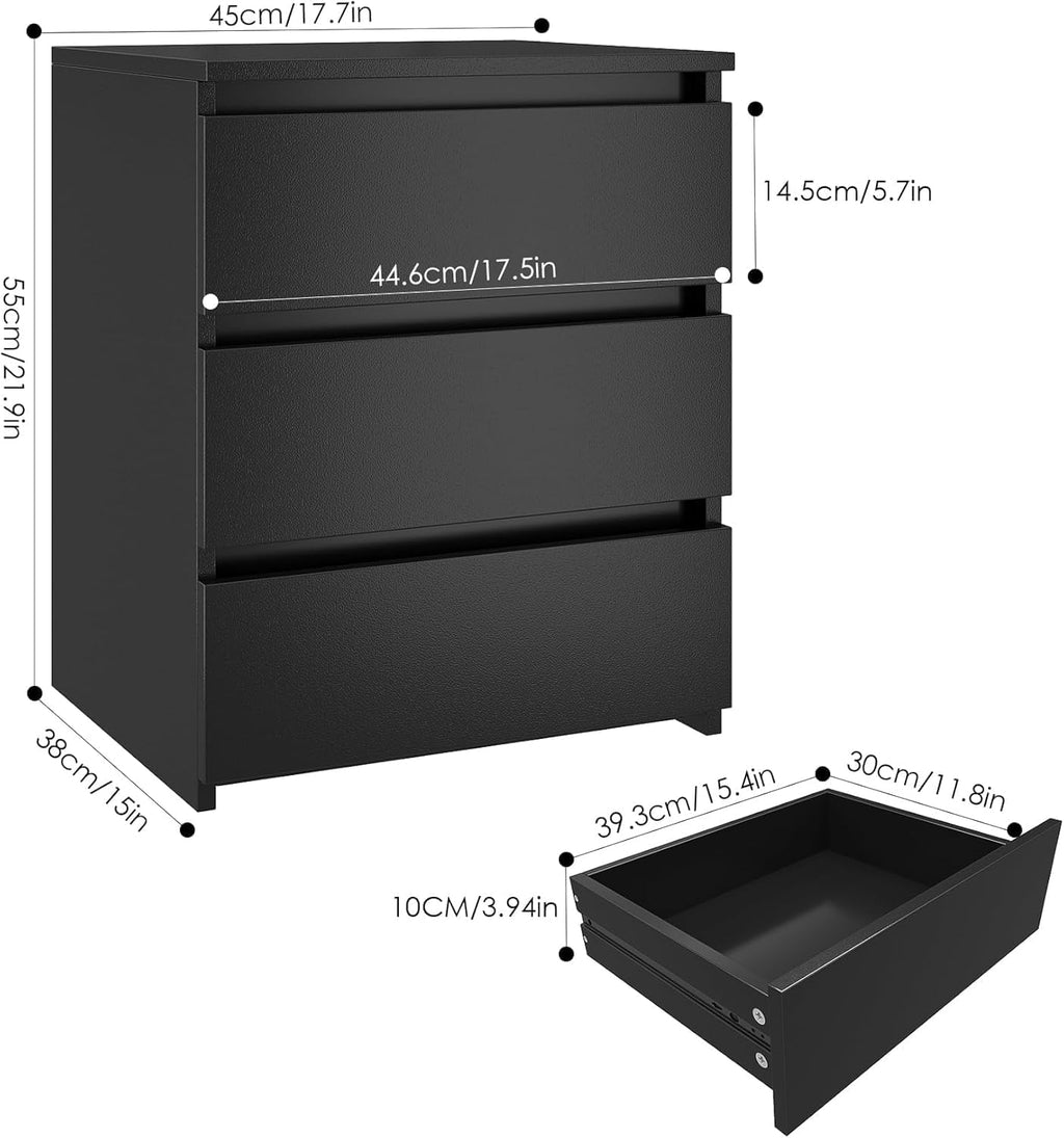 FOTOSOK Nightstands Set of 2, Black Nightstand with 3 Drawers for Bedroom | Black Nightstand Set of 2 for Bedroom, Handless Bedside Table with Silent Design, Side End Table for Small Spaces/Apartment