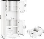 Bigbiglife Farmhouse Kitchen Pantry Cabinet with LED Lights and Power Strip, Tall Kitchen Storage Cabinet, Kitchen Hutch with Microwave Stand & Barn Doors and Drawers for Dining Room (White)
