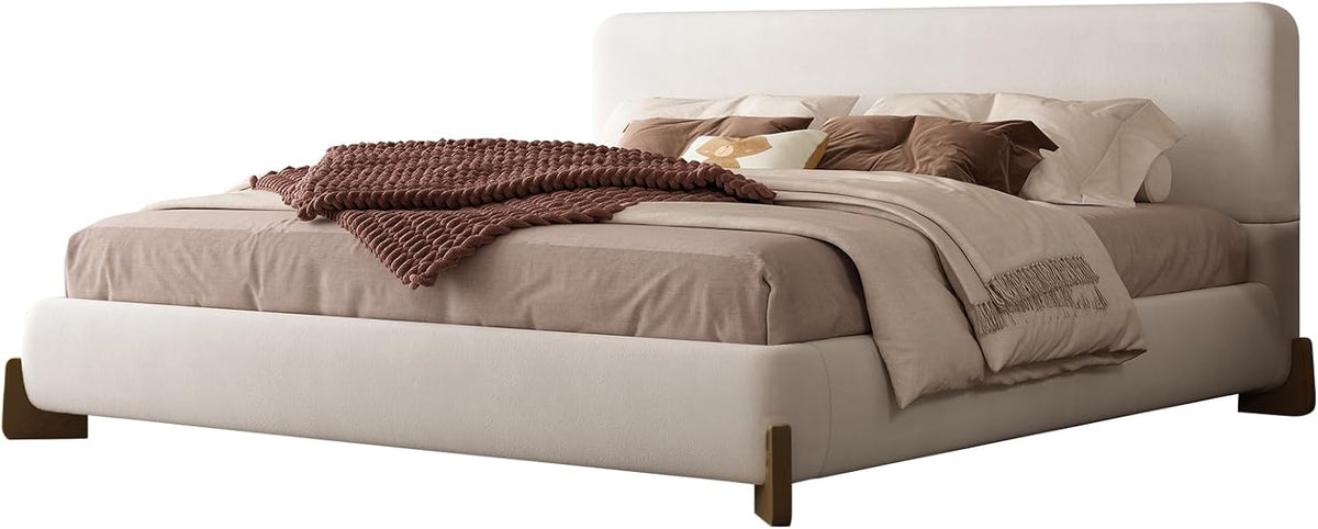 Kenhome Queen Size Boucle Cloud Bed Frame, White Upholstered Platform Bed with Soft Headboard, Solid Wood Legs, No Box Spring Required, Easy Assembly (Beige, Queen (U.S. Standard))
