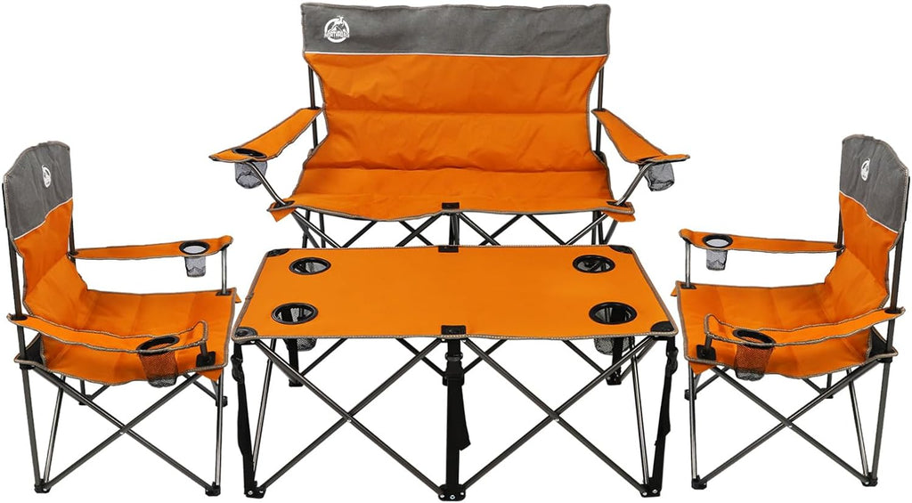 Northroad Folding Camping Chair Set of 4, Portable Collapsible Conversation Set w/1 Sofa, 2 Single Chairs, 1 Table for Family Patio, Outdoor Travel, Beach(Orange)