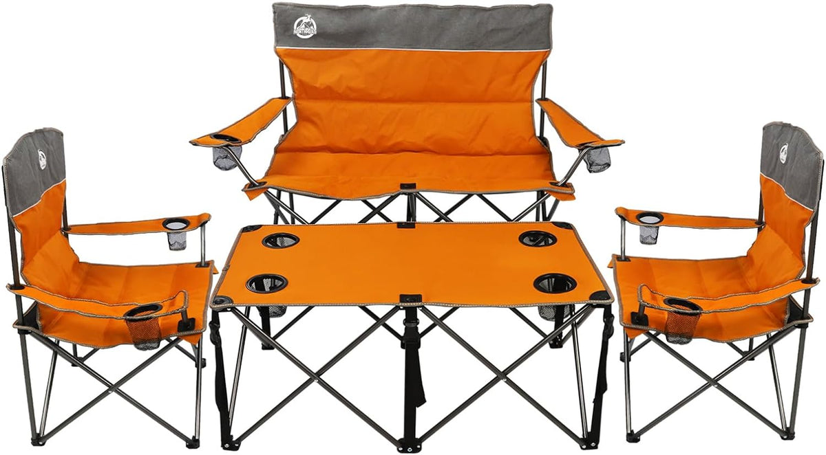 Northroad Folding Camping Chair Set of 4, Portable Collapsible Conversation Set w/1 Sofa, 2 Single Chairs, 1 Table for Family Patio, Outdoor Travel, Beach(Orange)