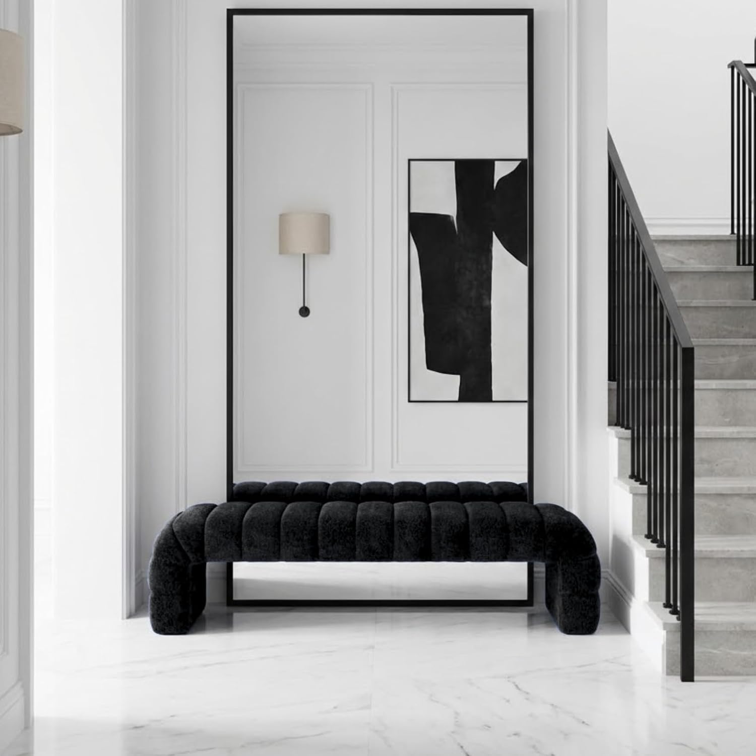 Shoe Bench for Entryway, 69.7''W Modern End of Bed Bench Long Ottoman for Living Room, Cloakroom, Black.