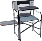 Portal Director Camping Chair with 2-Way Rotating Side Table, 300 lb, Gray | Height-Adjustable Swivel Tray with Cup Holder, Breathable Mesh Back, Portable for Camping, Tailgating, Lawn and RV Travel