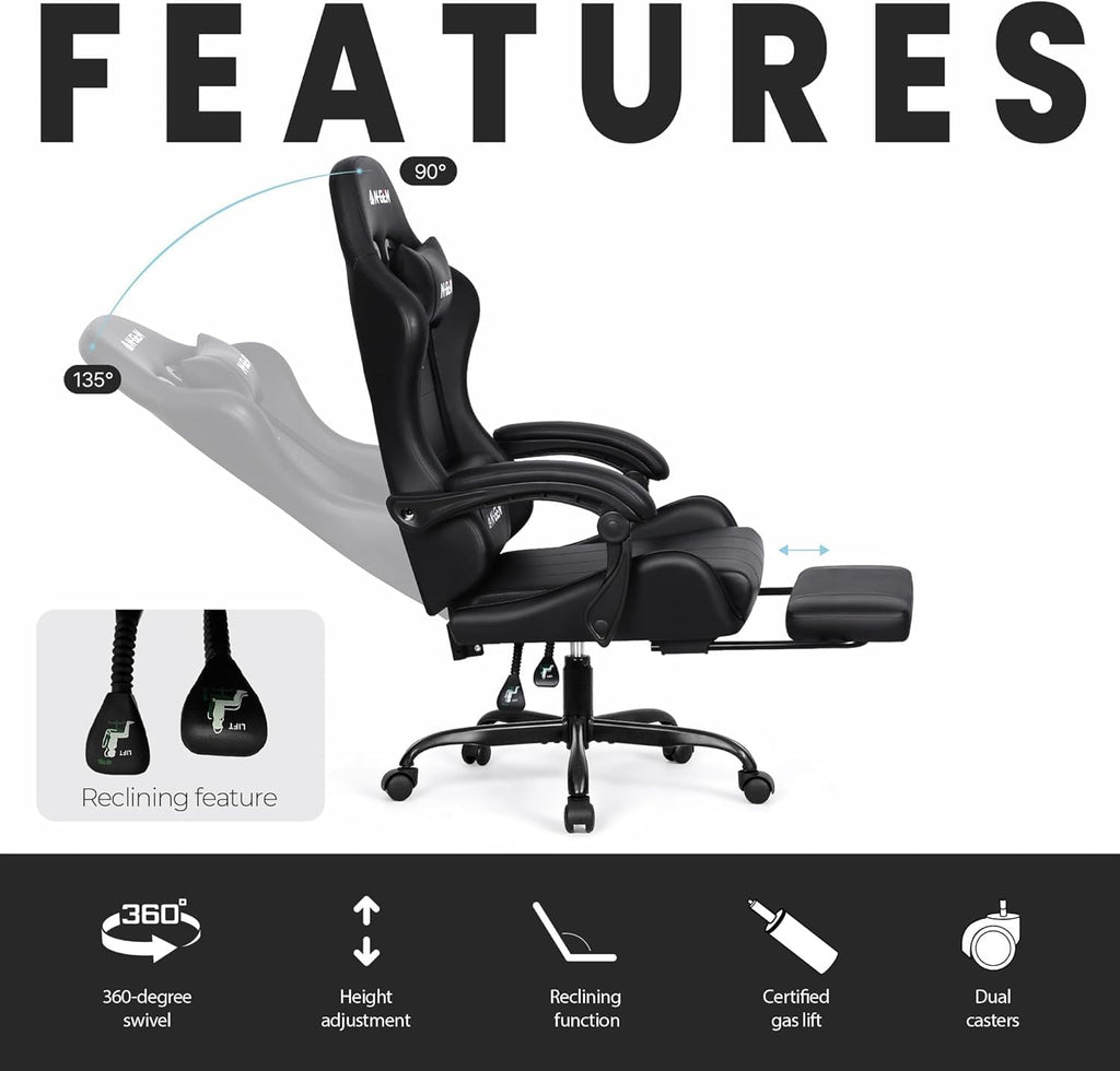N-GEN GAMING Gaming Chair with Footrest, Lumbar, High-Back, Carbon Black | Reclining Backrest, Linkage Armrests, Durable PU Leather, Adjustable Comfort for Extended Computer, Desk, or Home Office Use