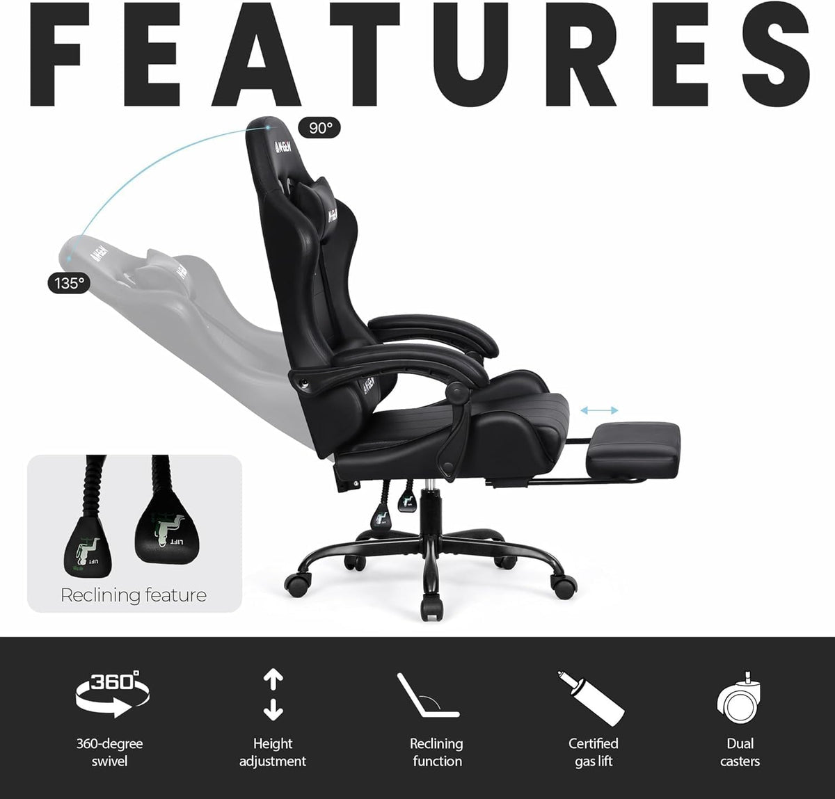 N-GEN GAMING Gaming Chair with Footrest, Lumbar, High-Back, Carbon Black | Reclining Backrest, Linkage Armrests, Durable PU Leather, Adjustable Comfort for Extended Computer, Desk, or Home Office Use