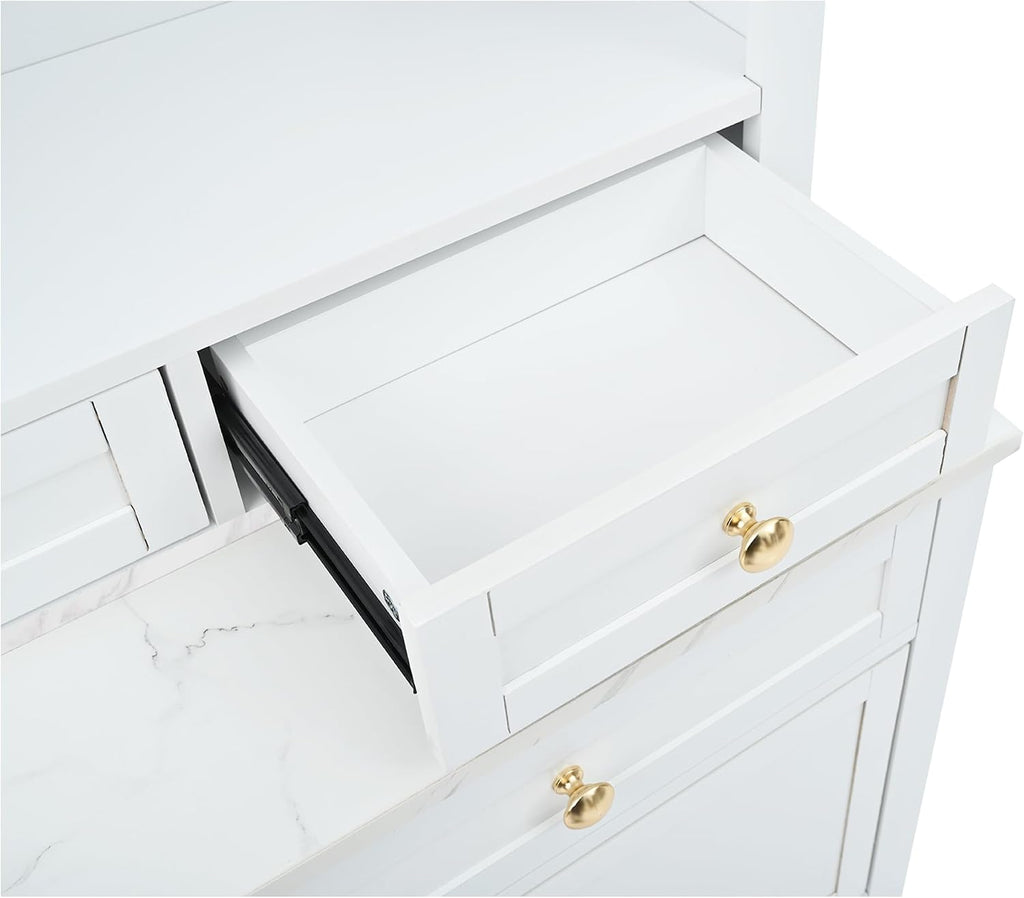 Mirightone 83.7Inch Tall Kitchen Pantry Cabinet, Corner Cabinet with 5 Storage Drawers and Adjustable Shelf, Freestanding Kitchen Pantry with Faux Marble Top, Set of 2, White