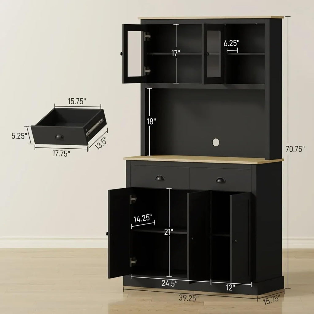 Kitchen Pantry Cabinet Tall Food Pantries w/Drawers&Adjustable Shelves for Kitchen,Multi-functional Kitchenware Server Utility Storage Organizer w/Microwave Stand&Open Countertop (Black + 71 inches)