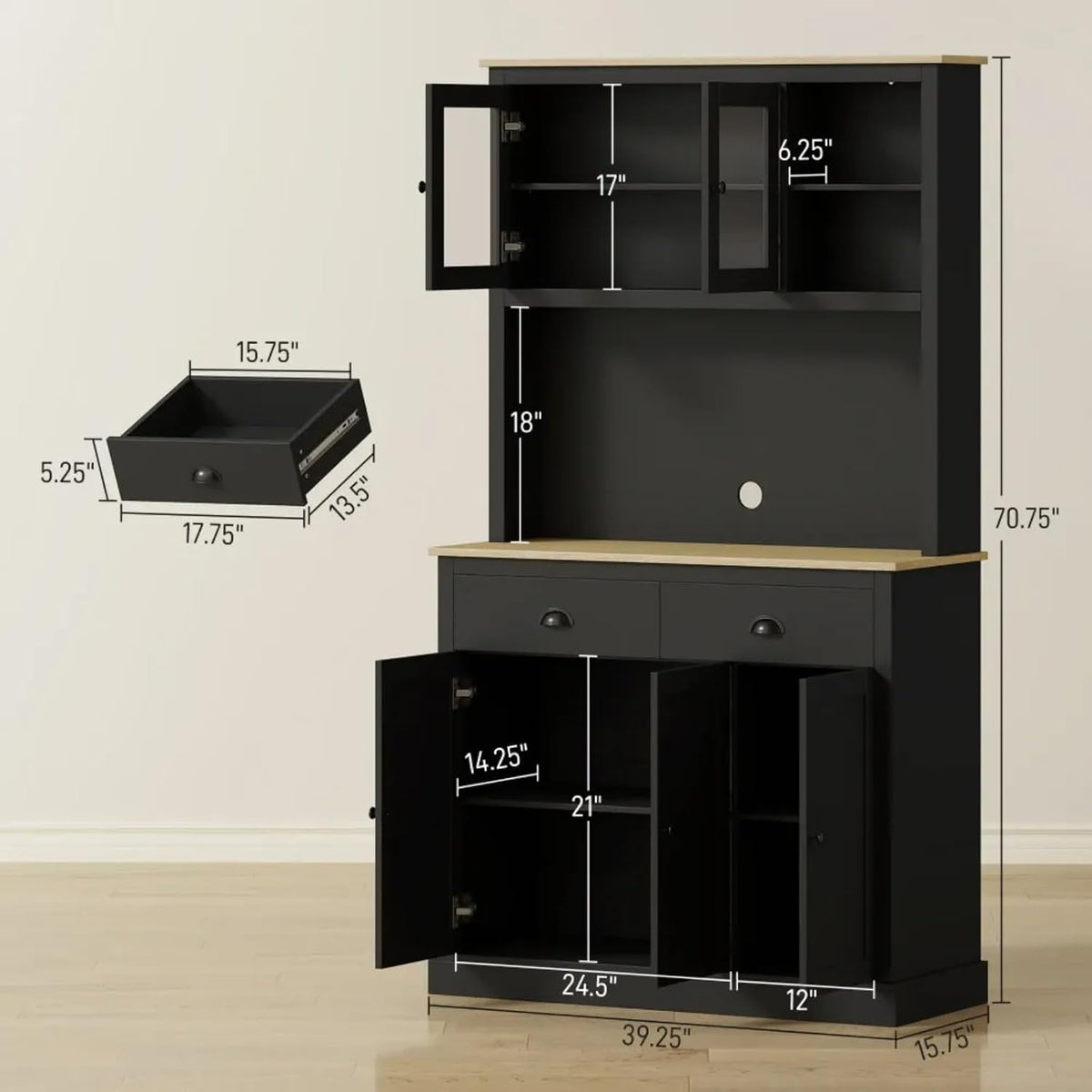 Kitchen Pantry Cabinet Tall Food Pantries w/Drawers&Adjustable Shelves for Kitchen,Multi-functional Kitchenware Server Utility Storage Organizer w/Microwave Stand&Open Countertop (Black + 71 inches)