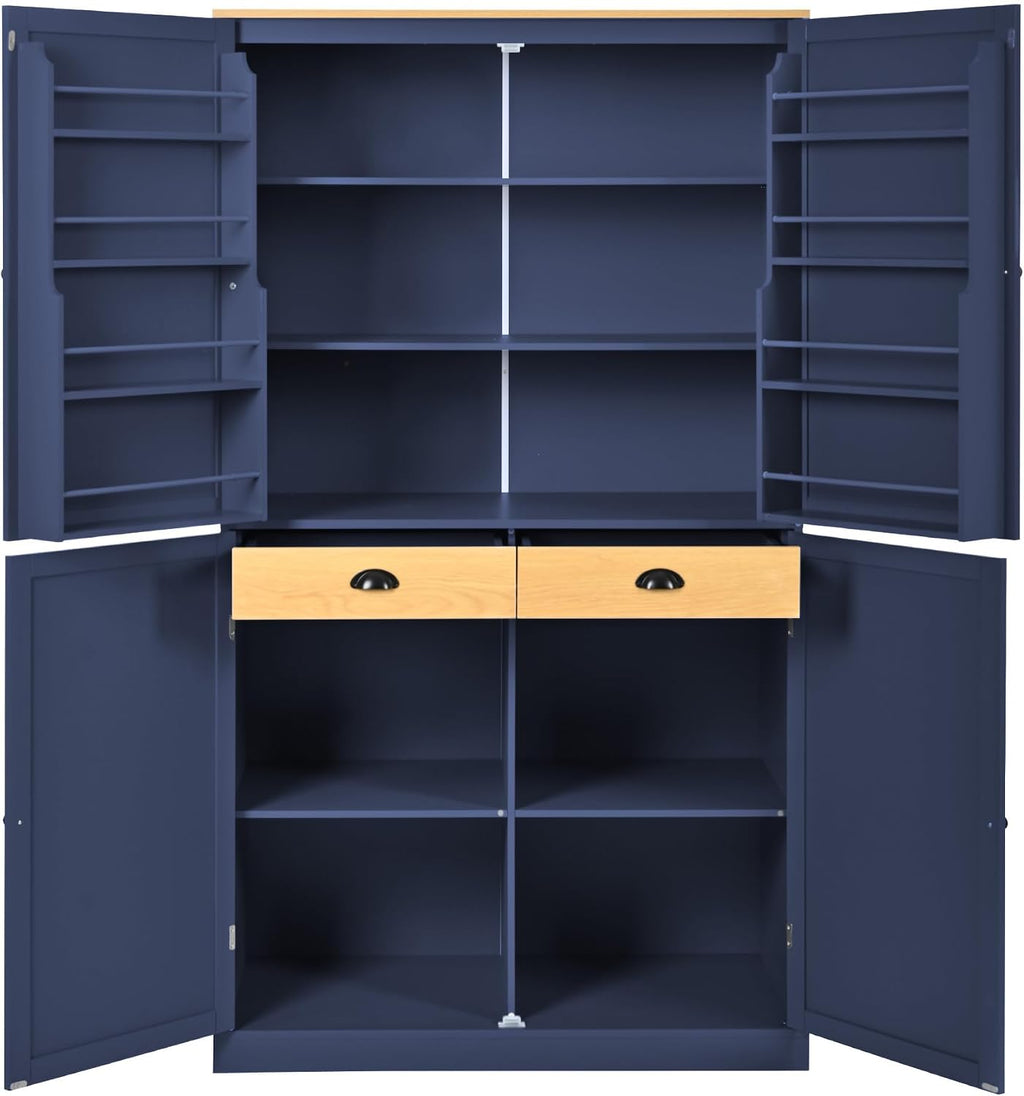 71.3'' Tall Wood Kitchen Pantry, Farmhouse Food Pantry Cabinet with 8 Door Shelves / 2 Drawers, Freestanding Large Cupboard with Adjustable Shelves for Kitchen Dining Room, Blue
