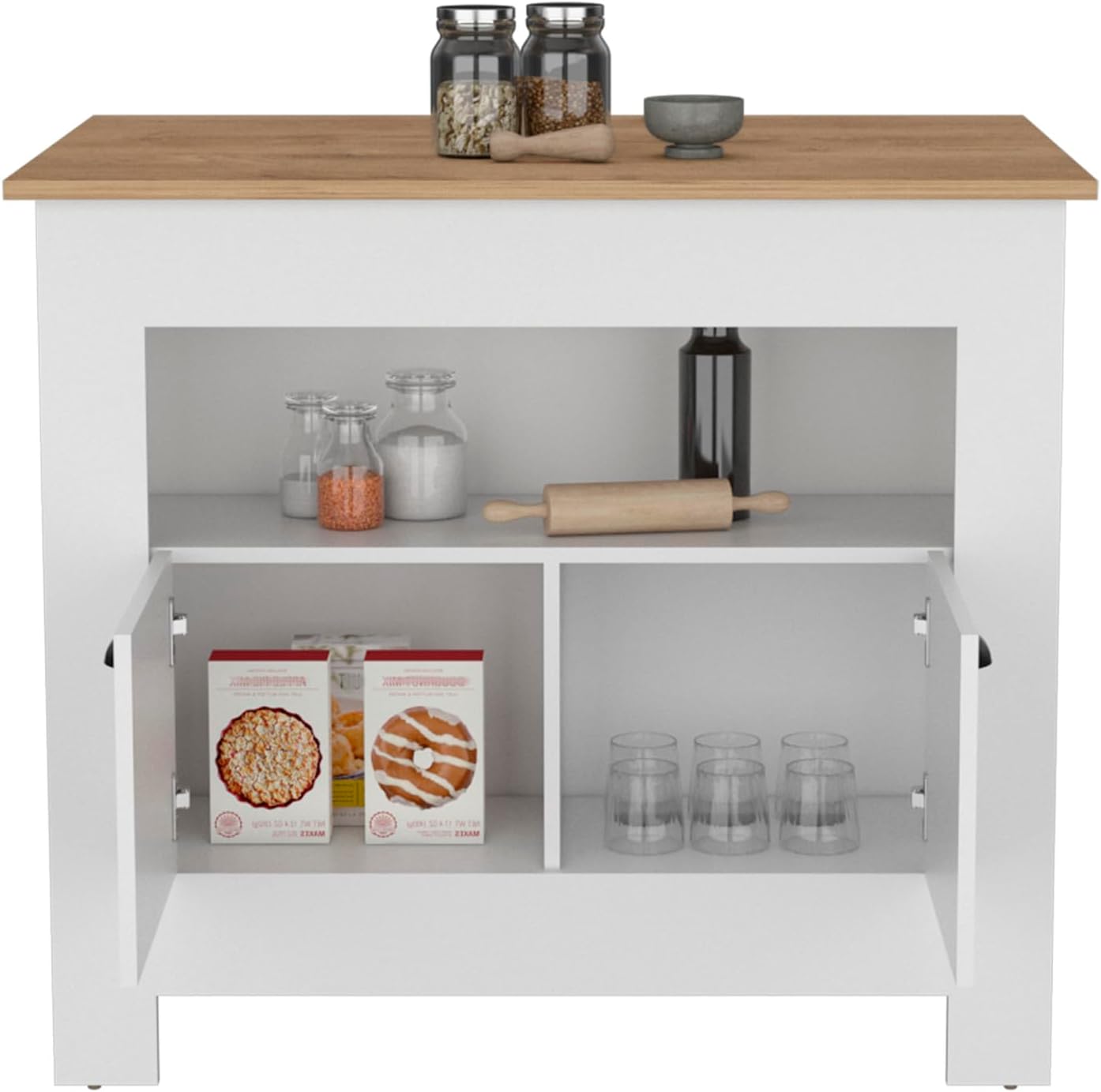Kitchen Island Two Door Cabinet and Shelf in Multicolor | Includes two cabinet doors and a shelf for storage