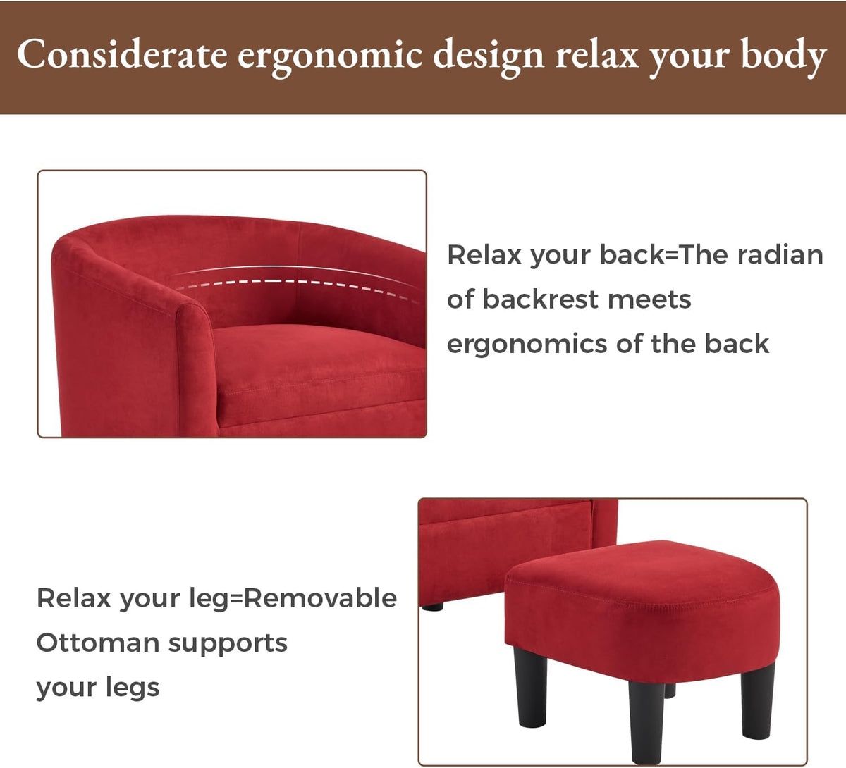 INZOY Oversized Accent Chair with Ottoman, 23.2" W Oversized Club Chair with Ottoman Set, Comfy Fabric Barrel Reading Chairs for Living Room Bedroom, Round Reading Chair with Foot Rest, Red