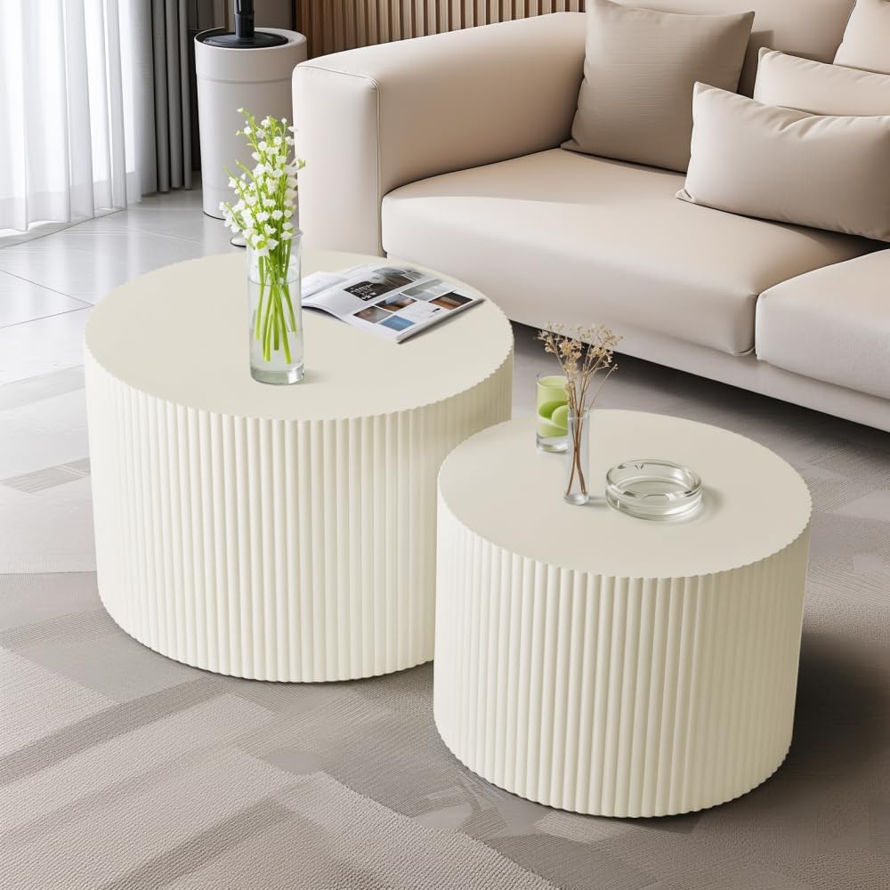 Coffee Table Set of 2, Black MDF Nesting Tables with Wave Stripe Design | Space-Saving Nesting Design, 110 lb Tabletop Capacity, Foot Pads, Painted MDF Surface for Living Rooms
