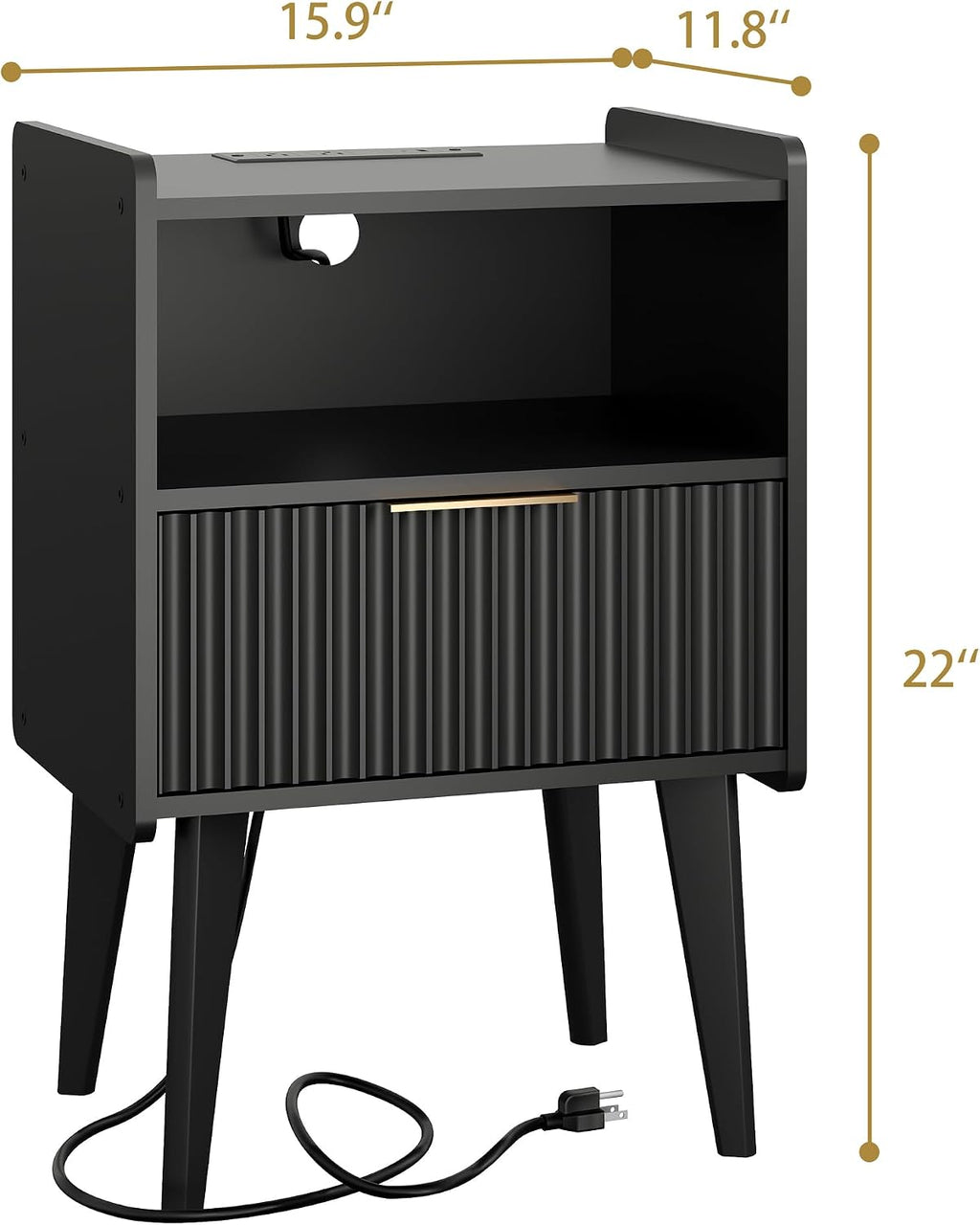 YAUKOMEL Fluted Nightstand with Charging Station, Modern Bedside Table with Drawer,Black Nightstand with Solid Wood Legs, End Table,Side Table for Living Room,Bedroom Black CTG57BKE