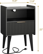 YAUKOMEL Fluted Nightstand with Charging Station, Modern Bedside Table with Drawer,Black Nightstand with Solid Wood Legs, End Table,Side Table for Living Room,Bedroom Black CTG57BKE