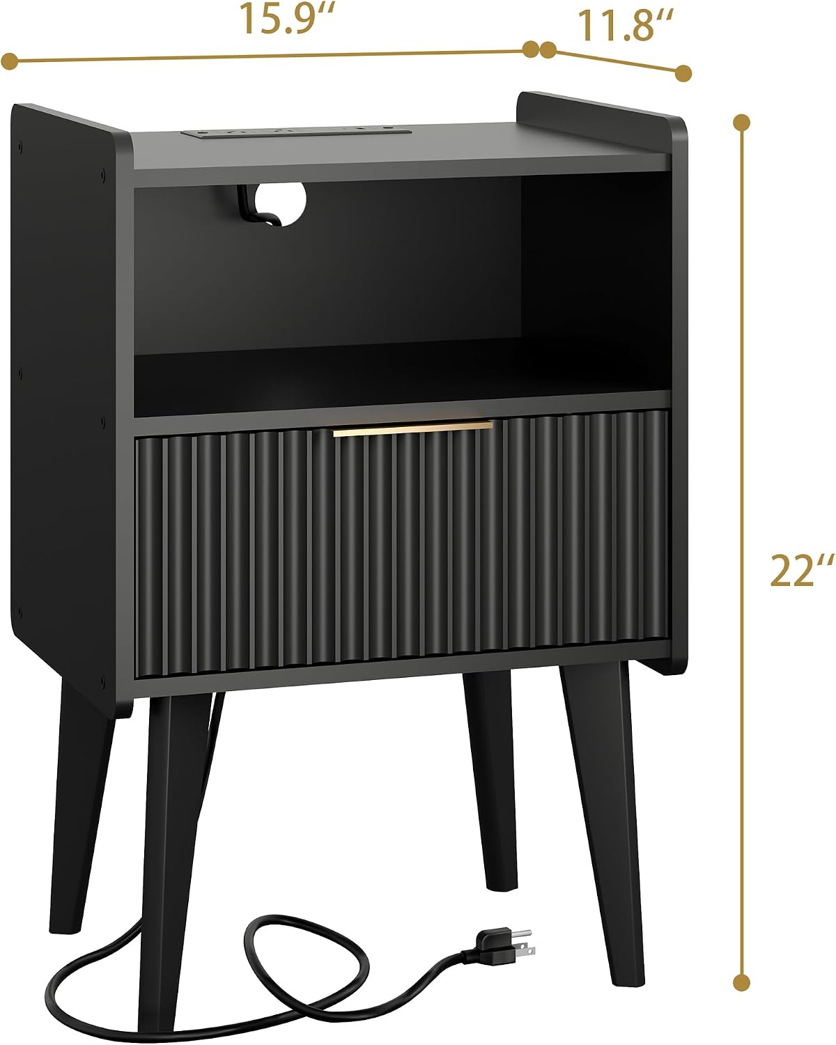 YAUKOMEL Fluted Nightstand with Charging Station, Modern Bedside Table with Drawer,Black Nightstand with Solid Wood Legs, End Table,Side Table for Living Room,Bedroom Black CTG57BKE
