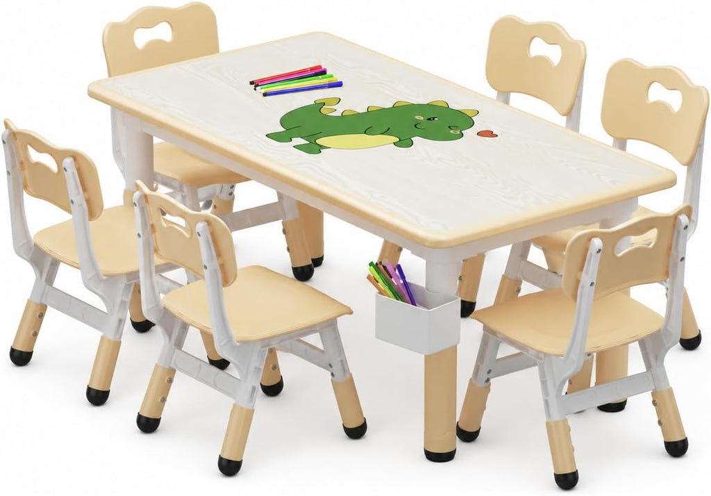 Toddler Table and Chair Set, Height Adjustable Kids Table and 6Chairs, Toddler Activity Table with Storage Boxes,Wipeable Graffiti Wood Grain Desktop,12Water Pens Included for Classroom, Natural Wood