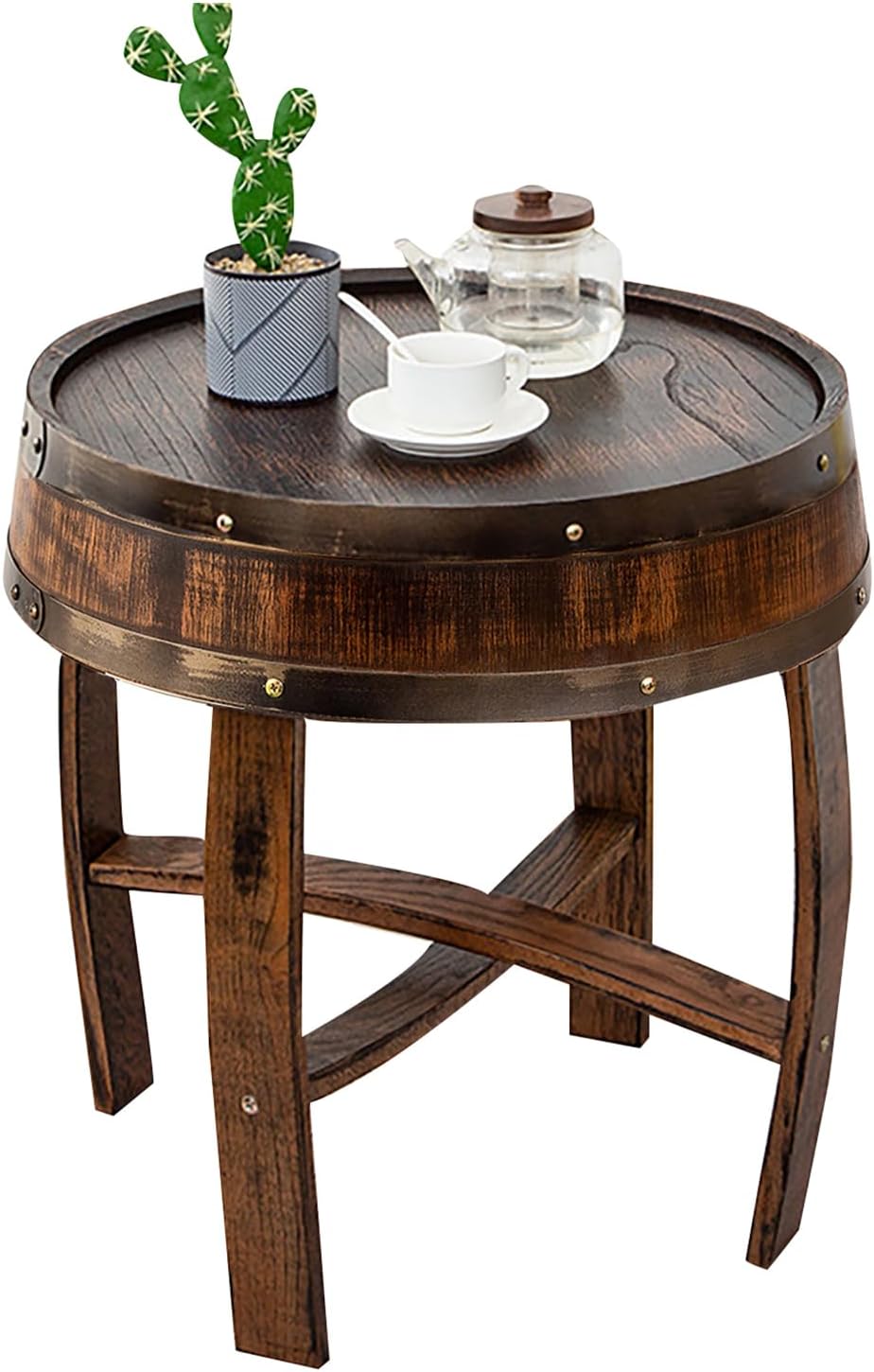 Farmhouse Whiskey Barrel End Table,Rustic Handcrafted Barrel Table,Solid Wood Round Coffee Tables,Oak Barrel Decor Furniture