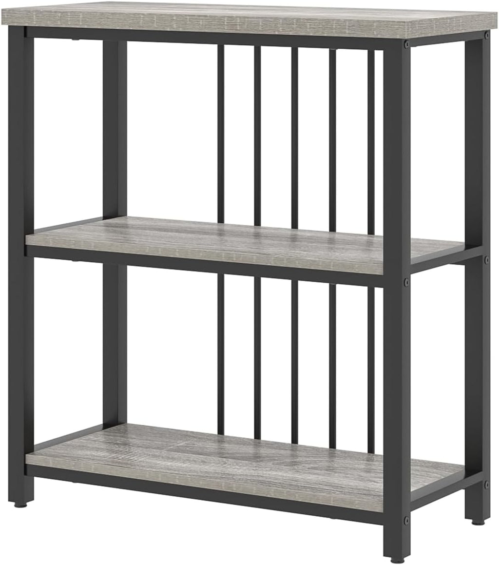 FOLUBAN 3 Tier Bookshelf, Short Bookcase for Small Space, Modern Wooden and Metal Book Shelf for Living Room Bedroom Office (Light Grey Oak)