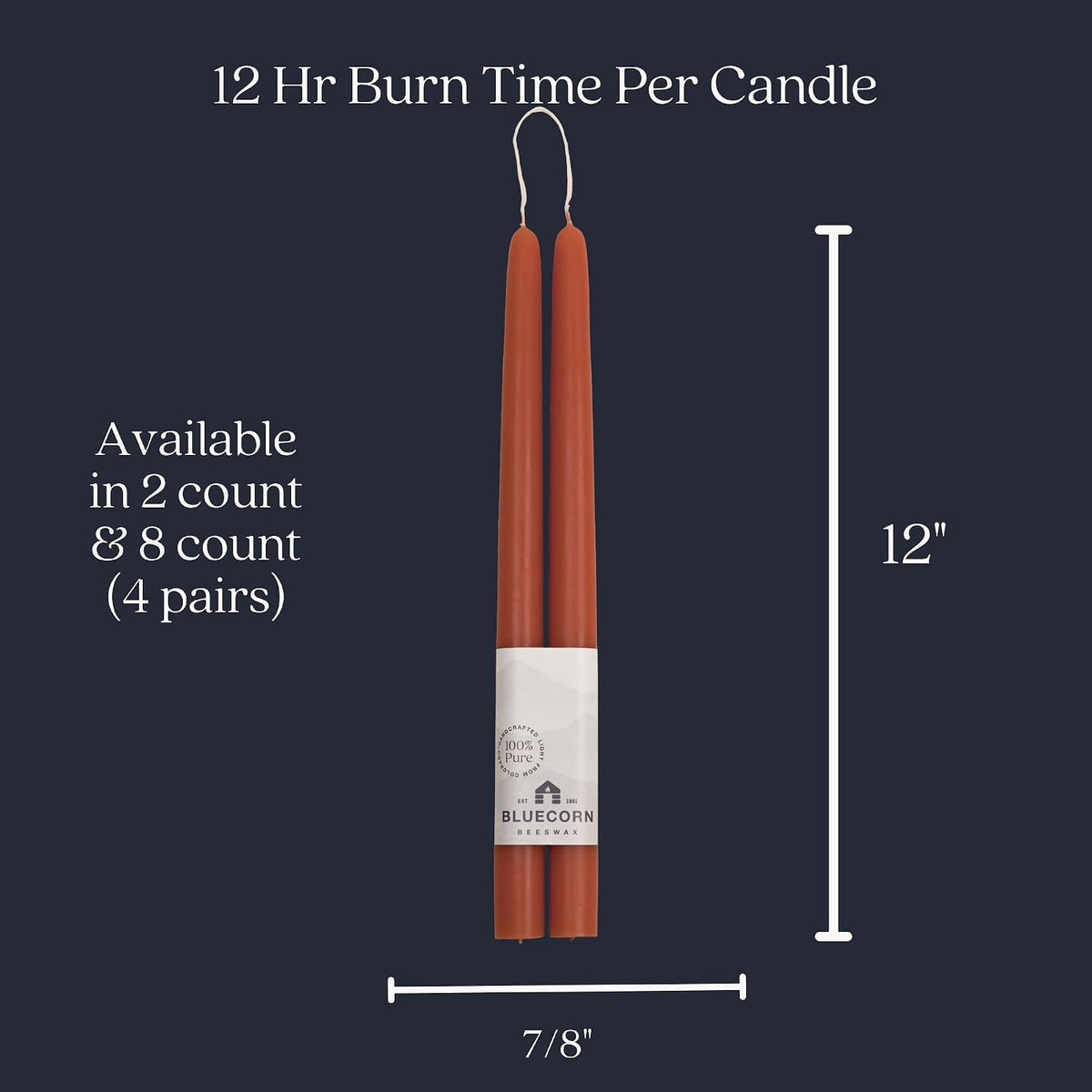 Bluecorn Beeswax Taper Candles, 12 Inch Terracotta, 2 Count | 100% Pure Natural Bees Wax, Clean Burning & Dripless, Fragrance Free, Long Lasting, American Made