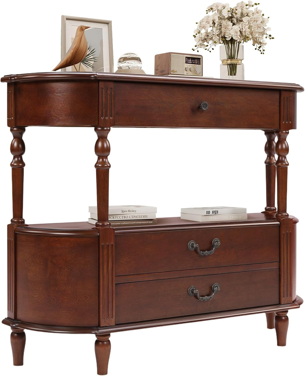 LKTART 43" Half Moon Console Table, Solid Wood Retro Curved Console Table Entryway Table Sofa Table with Solid Pine Roman Legs 3 Drawers 1 Open Shelf for Living Room,Foyer,Hallway(Cherry)