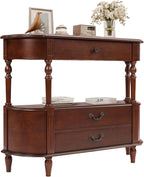 LKTART 43" Half Moon Console Table, Solid Wood Retro Curved Console Table Entryway Table Sofa Table with Solid Pine Roman Legs 3 Drawers 1 Open Shelf for Living Room,Foyer,Hallway(Cherry)