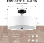 3-Light Semi Flush Mount Ceiling Light Fixture, 13" Black Drum Light, Modern Close to Ceiling Light with White Fabric Shade Lamps for Bedroom Living Dining Room Kitchen Hallway Entryway