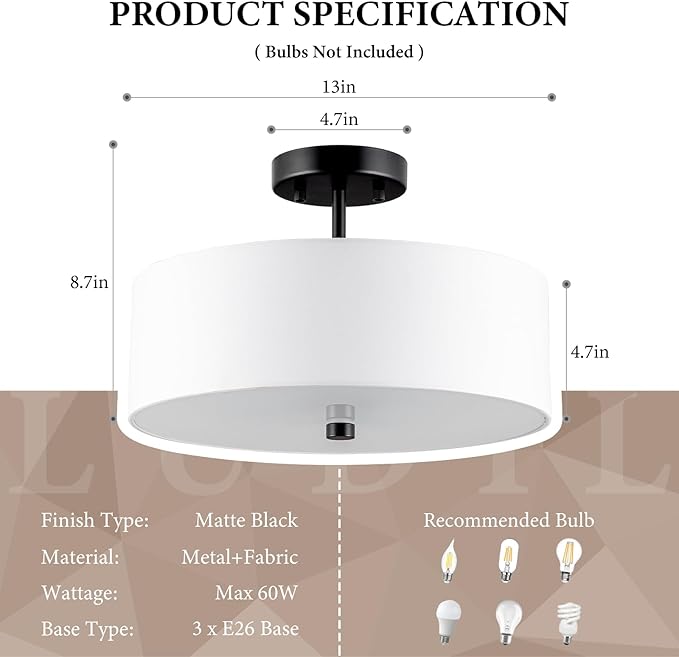 3-Light Semi Flush Mount Ceiling Light Fixture, 13" Black Drum Light, Modern Close to Ceiling Light with White Fabric Shade Lamps for Bedroom Living Dining Room Kitchen Hallway Entryway