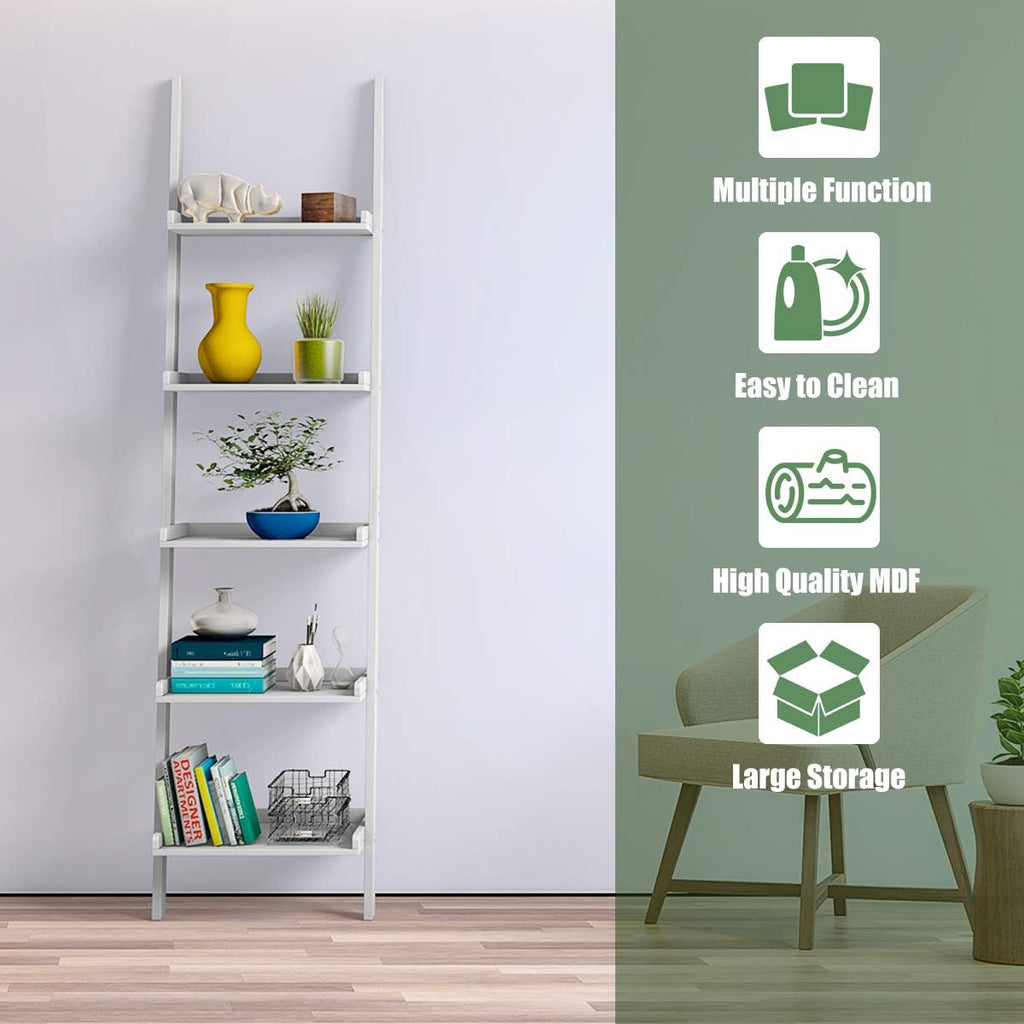 Tangkula Ladder Shelf, 5-Tier Multifunctional Modern Wood Plant Flower Book Display Shelf, Home Office Storage Rack Leaning Ladder Wall Shelf (White, 1)