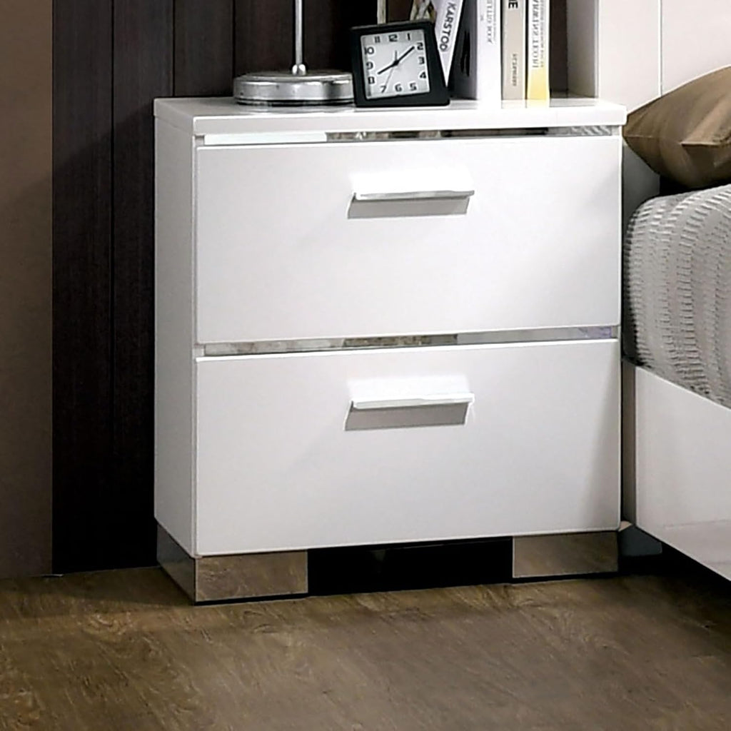 Contemporary Nightstand Black Color High Gloss Lacquer Coating Chrome Handles and Feet Bedside Table w USB,for Small Spaces