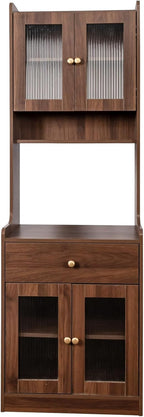 Modern Buffet with Hutch, Kitchen Pantry Storage Cabinet with 4 Glass Doors and Microwave Space for Dining Room, Living Room, Walnut