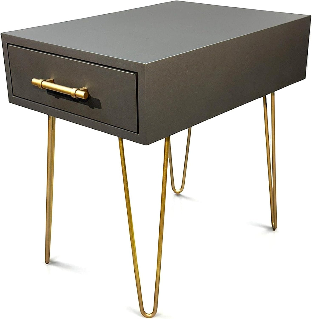Modern Side Table/Nightstand with Drawer in Gunmetal, with Brass Finish Pull and Hairpin Legs. Every Product is Handmade in The USA. (Gunmetal)