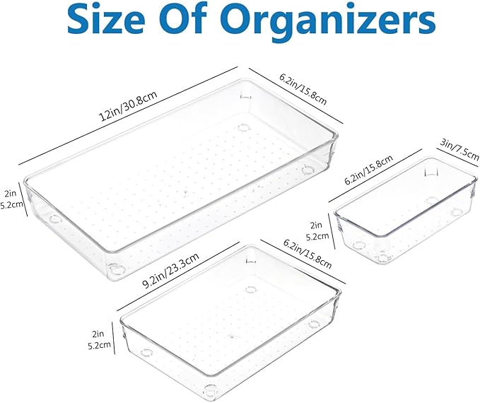 3 PCS Large Drawer Organizer, 3Sizes Plastic Versatile Desk Drawer Organizer Trays with Non-Slip Silicone Pads, Storage Bins for Makeup, Office, Kitchen Gadgets Utensils, Bedroom, Tools, Bathroom