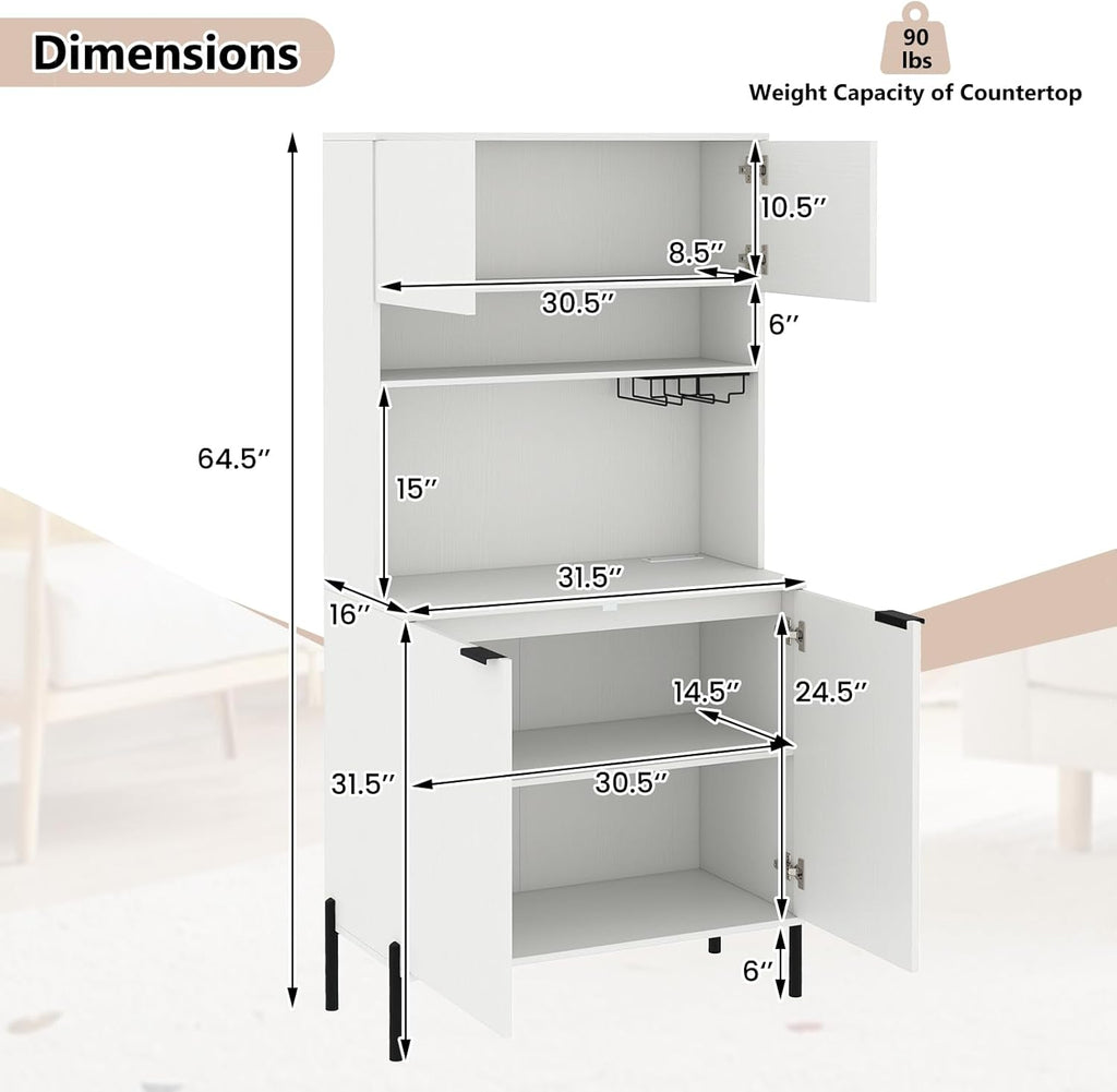 LOKO 64.5” Tall Kitchen Pantry Cabinet, Buffet Sideboard with Charging Station, Modern Wine Bar Cabinet with Wine Glass Rack, Kitchen Hutch Cupboard for Dining Room, Living Room (White)