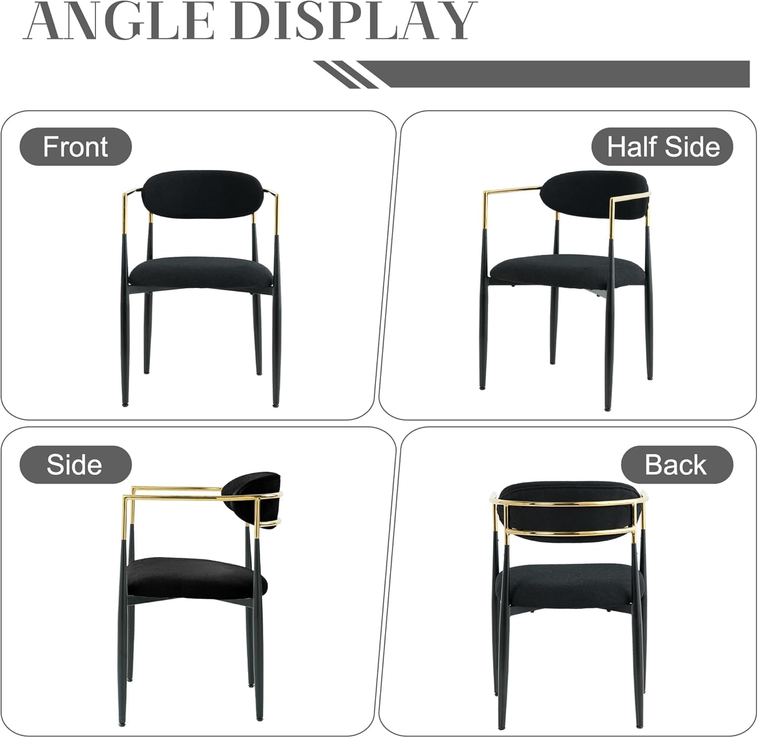 Baysitone Dining Chairs Set of 4 Mid-Century Modern Upholstered Boucle Dining Room Chairs Open Back Curved Backrest Black Metal Legs Gold Armchairs for Kitchen Living Room, Black(Only Chairs)