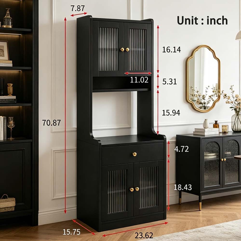 71" Kitchen Pantry Hutch Storage Cabinet with Microwave Stand, Farmhouse Freestanding Buffet Sideboard with Coffee Bar, Tall Wood Cupboard for Kitchen Dining Room (Black)
