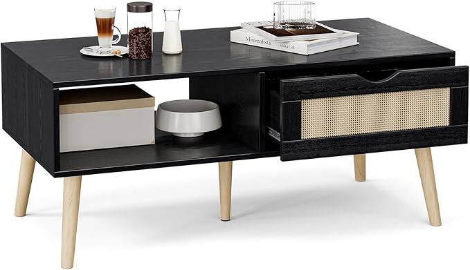 Wood Coffee Table with Storage, Boho Dining Table with Sliding Rattan Door Panel and Solid Wood Legs, Small Coffee Tables for Living Room, Oak (Black_LSJ007)