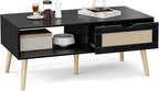 Wood Coffee Table with Storage, Boho Dining Table with Sliding Rattan Door Panel and Solid Wood Legs, Small Coffee Tables for Living Room, Oak (Black_LSJ007)