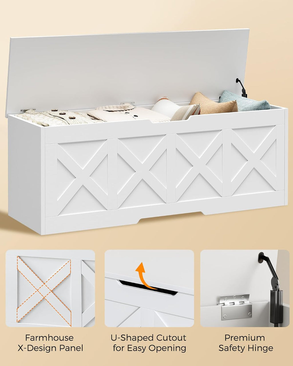 Homleke 47.2" Extra-Large Wooden Storage Chest, Farmhouse Storage Bench | with Safety Hinge, Easy Assembly, for Bedroom, Living Room & Entryway, White