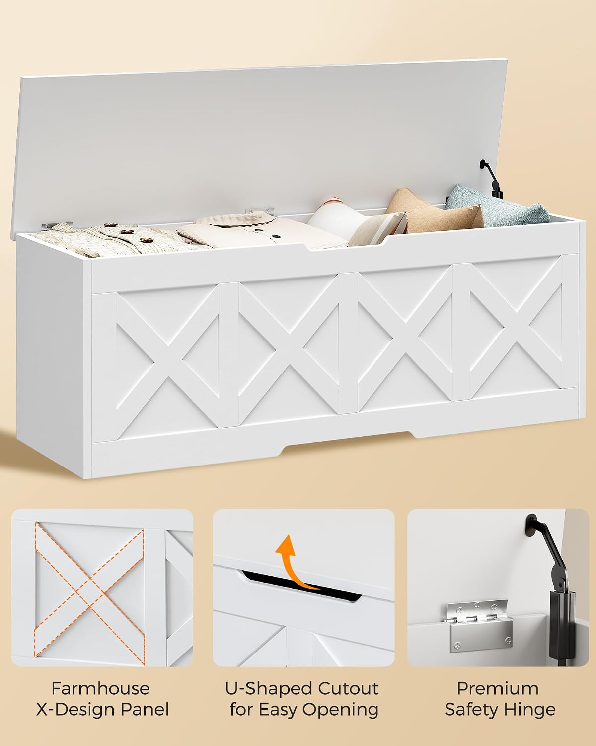 Homleke 47.2" Extra-Large Wooden Storage Chest, Farmhouse Storage Bench | with Safety Hinge, Easy Assembly, for Bedroom, Living Room & Entryway, White