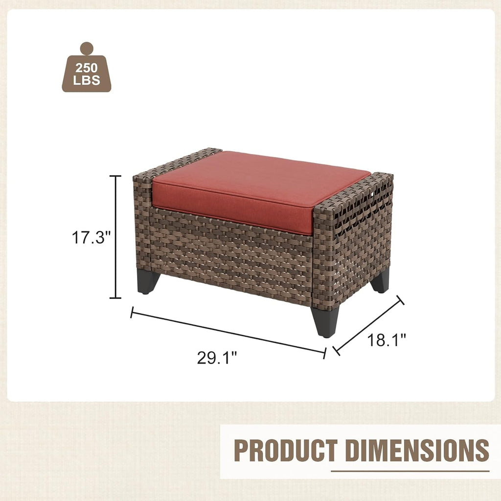 2 Pieces Modern Outdoor Wicker Patio Footstools, Multipurpose PE Rattan Ottomans Set for Poolside, Backyard and Balcony, Brown/Red