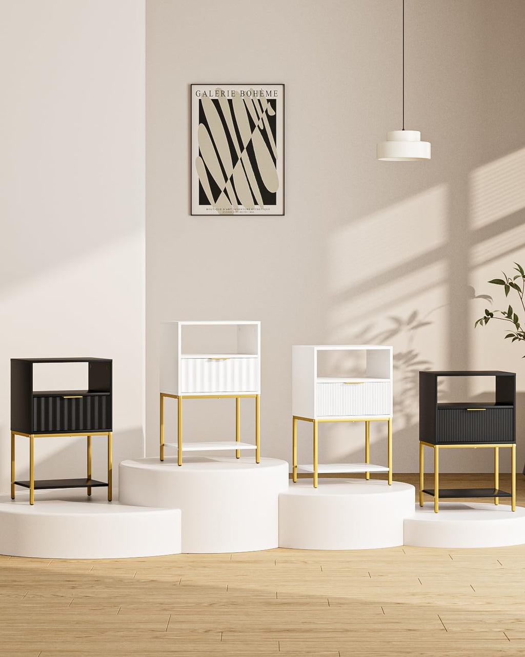 Nightstand,Modern Bedside Table with One Drawer and Two Shelf，White Night Stand，Tall End Table with Gold Frame for Bedroom,Living Room,Wave