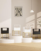 Nightstand,Modern Bedside Table with One Drawer and Two Shelf，White Night Stand，Tall End Table with Gold Frame for Bedroom,Living Room,Wave