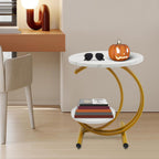 Round End Table, 2-Tier Side Table with Storage Shelves, Small Bedside Table with Arc-Shaped Frame, Wooden Vintage End Tables for Living Room Bedroom, 23.62in Height (Gold Frame + White Board)