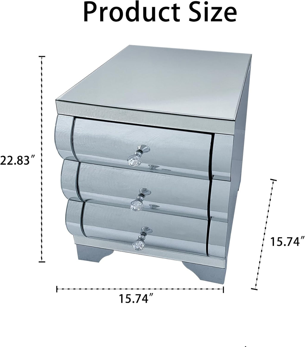 Silver Modern Mirrored Nightstand with 3 Drawers, Baked Curved Glass Bedside Table for Bedroom, Small Space End Table for Living Room